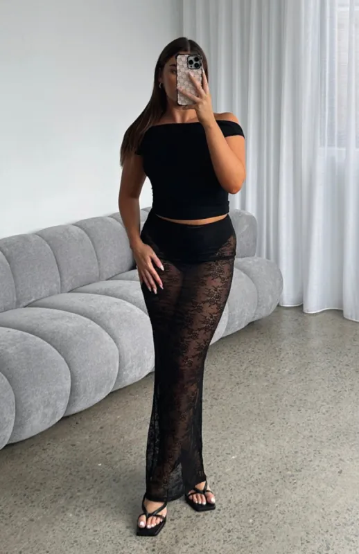 Under My Spell Lace Maxi Skirt Black sold by White Fox Boutique