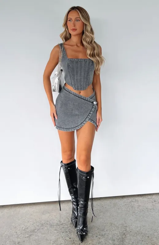 Lost In A Dream Denim Mini Skirt Black Wash sold by White Fox Boutique