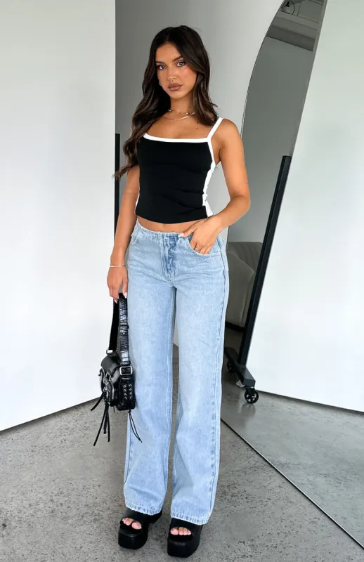In Heaven Mid Rise Straight Leg Jeans Light Blue Wash sold by White Fox Boutique