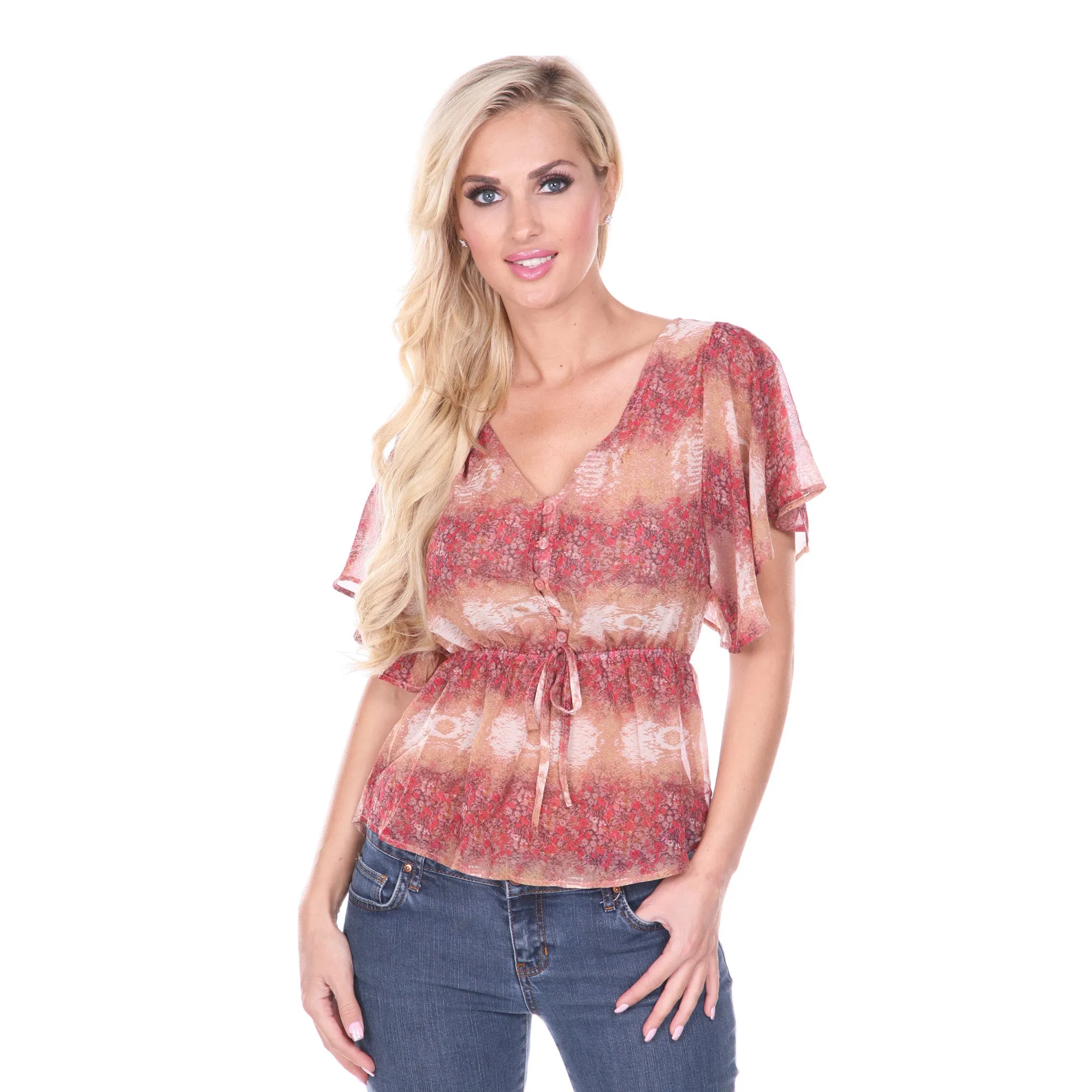 Women's Sheer Kimono Sleeve Blouse with Tie Waist sold by White Mark