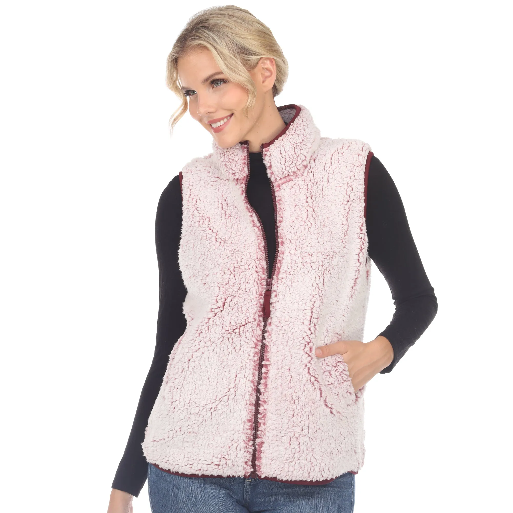 Women's Zip up sherpa vest sold by White Mark