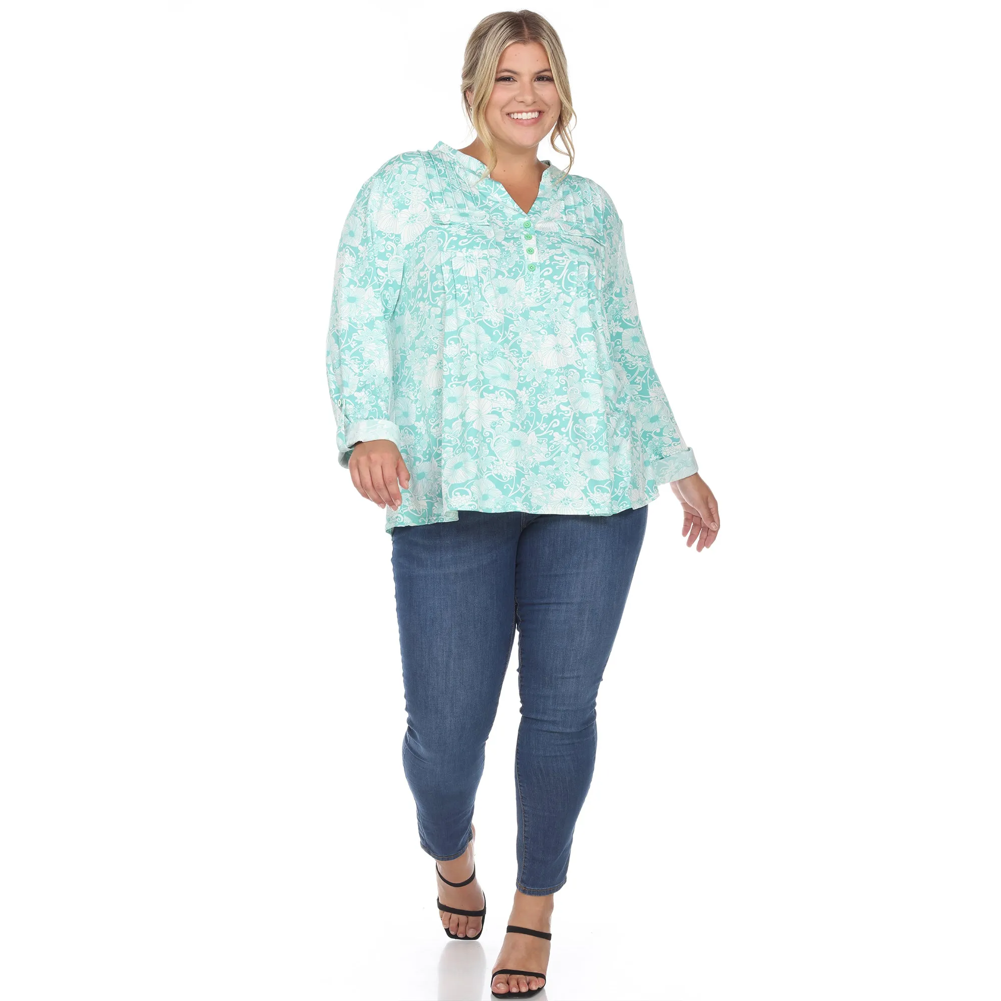 Plus Size Pleated Long Sleeve Floral Print Blouse sold by White Mark product image thumbnail 4