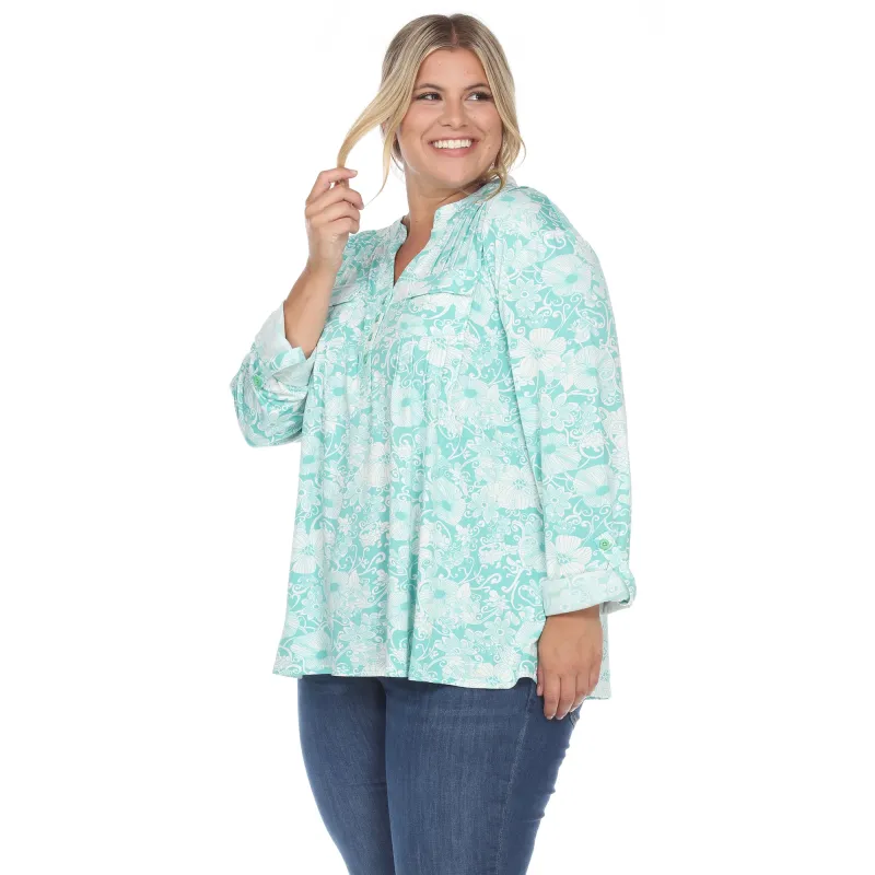 Plus Size Pleated Long Sleeve Floral Print Blouse sold by White Mark