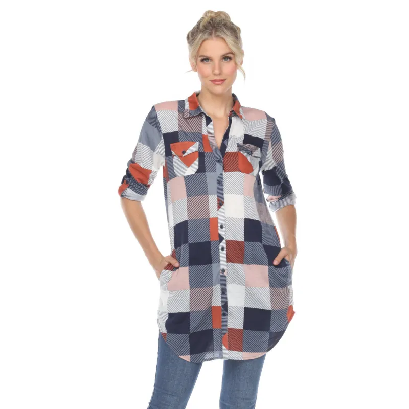 Women's Plaid Button Down Tunic Top made by White Mark