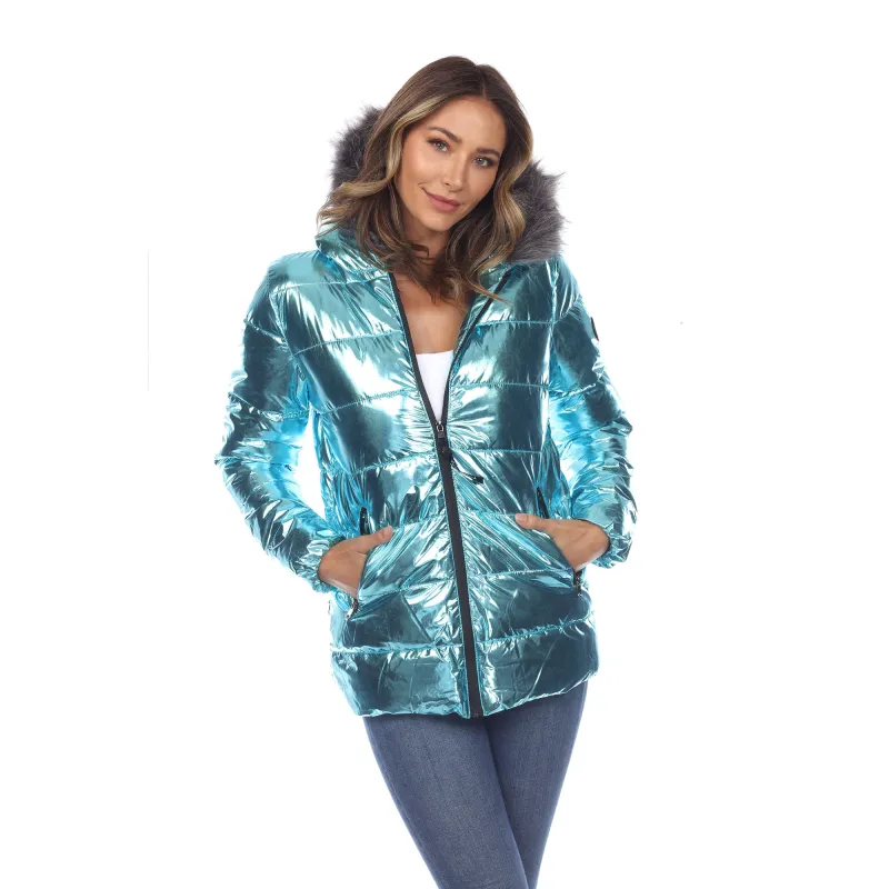 Women's Metallic Puffer Coat with Hoodie sold by White Mark
