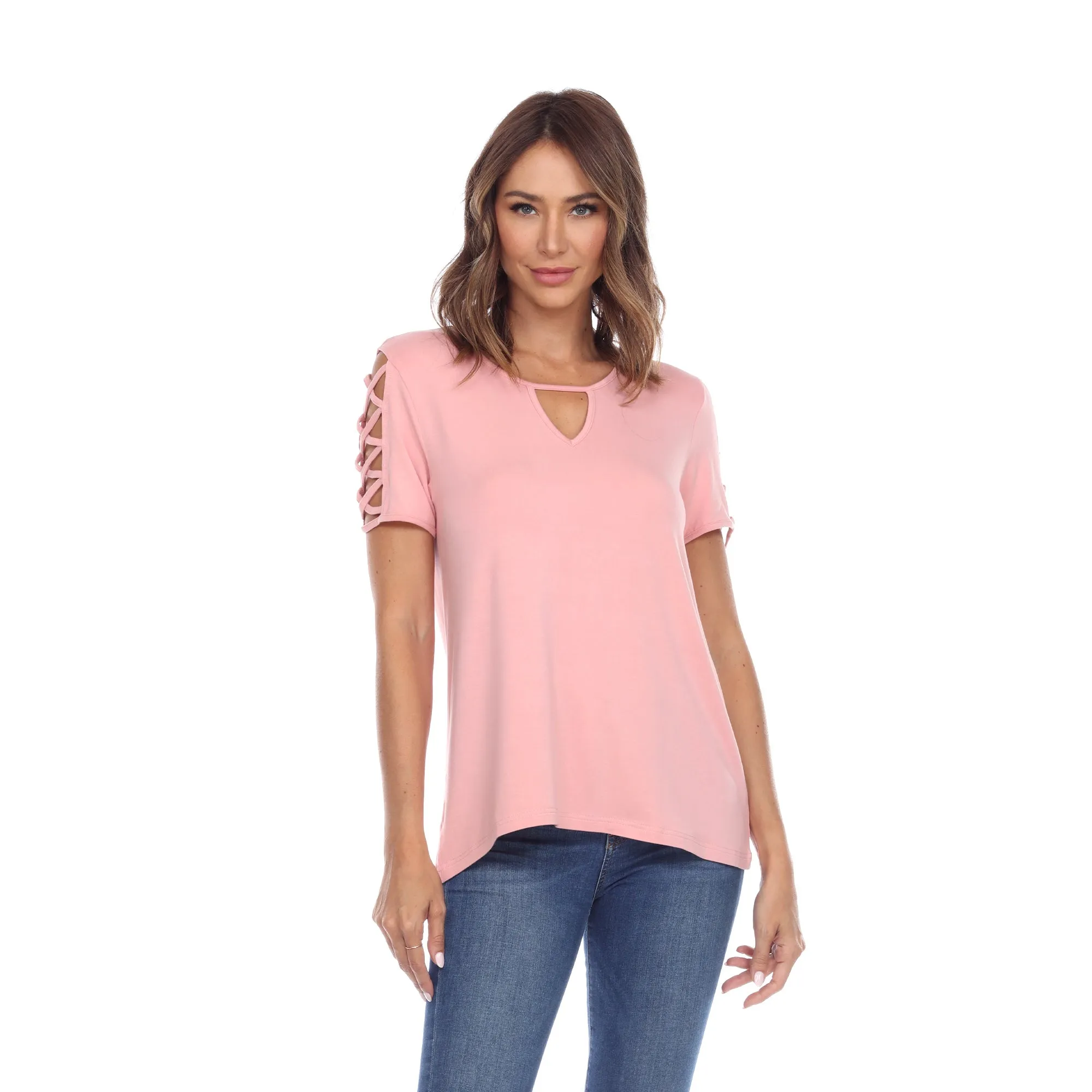 Women's Keyhole Neck Cutout Short Sleeve Top sold by White Mark