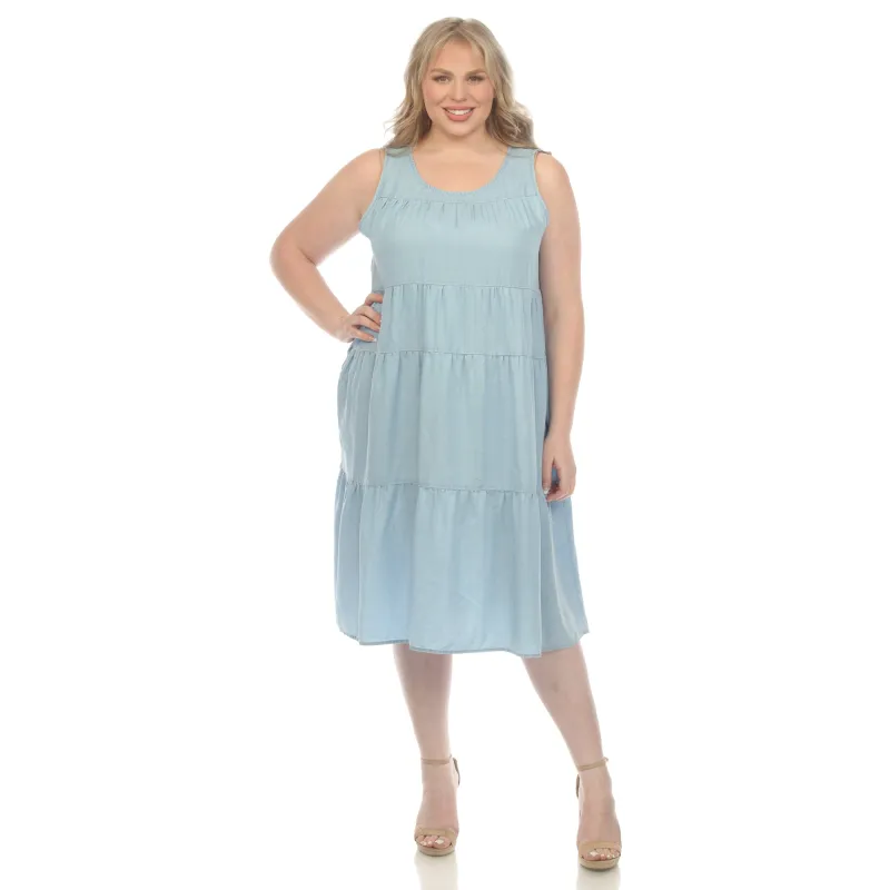 Women's Plus Size Sleeveless Tiered Chambray Midi Dress sold by White Mark