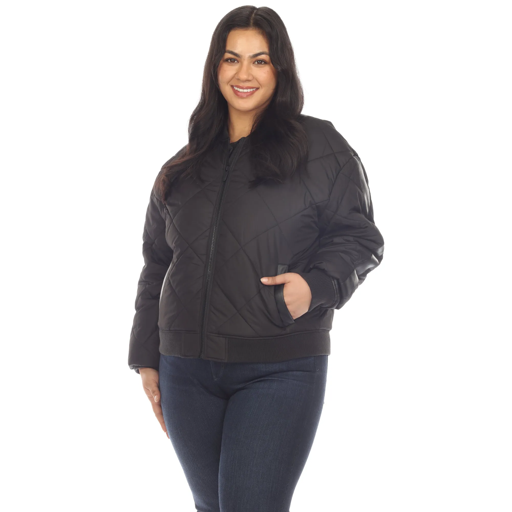 Women's Plus Size Lightweight Diamond Quilted Puffer Bomber Jacket sold by White Mark