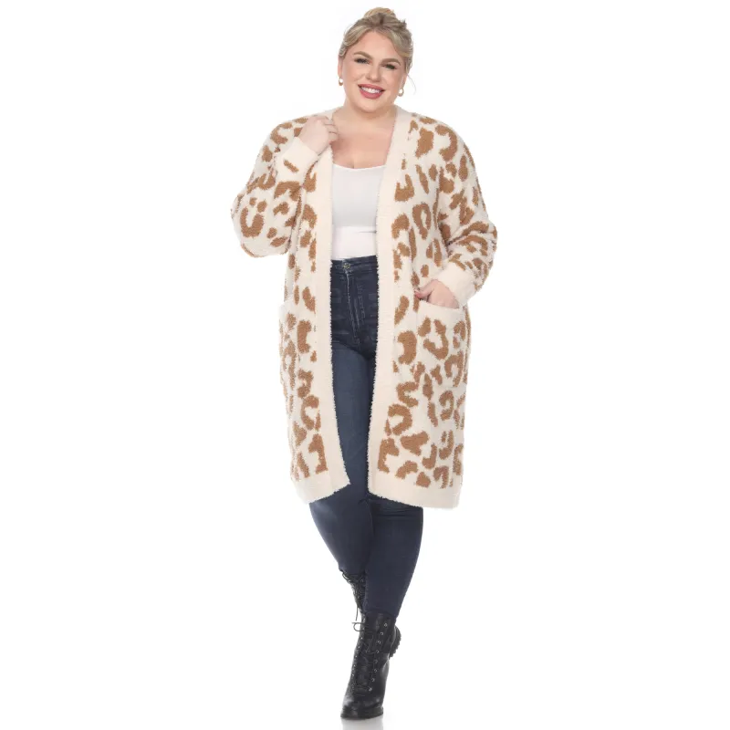 Women's Plus Size Leopard Print Open Front Sherpa Coat sold by White Mark