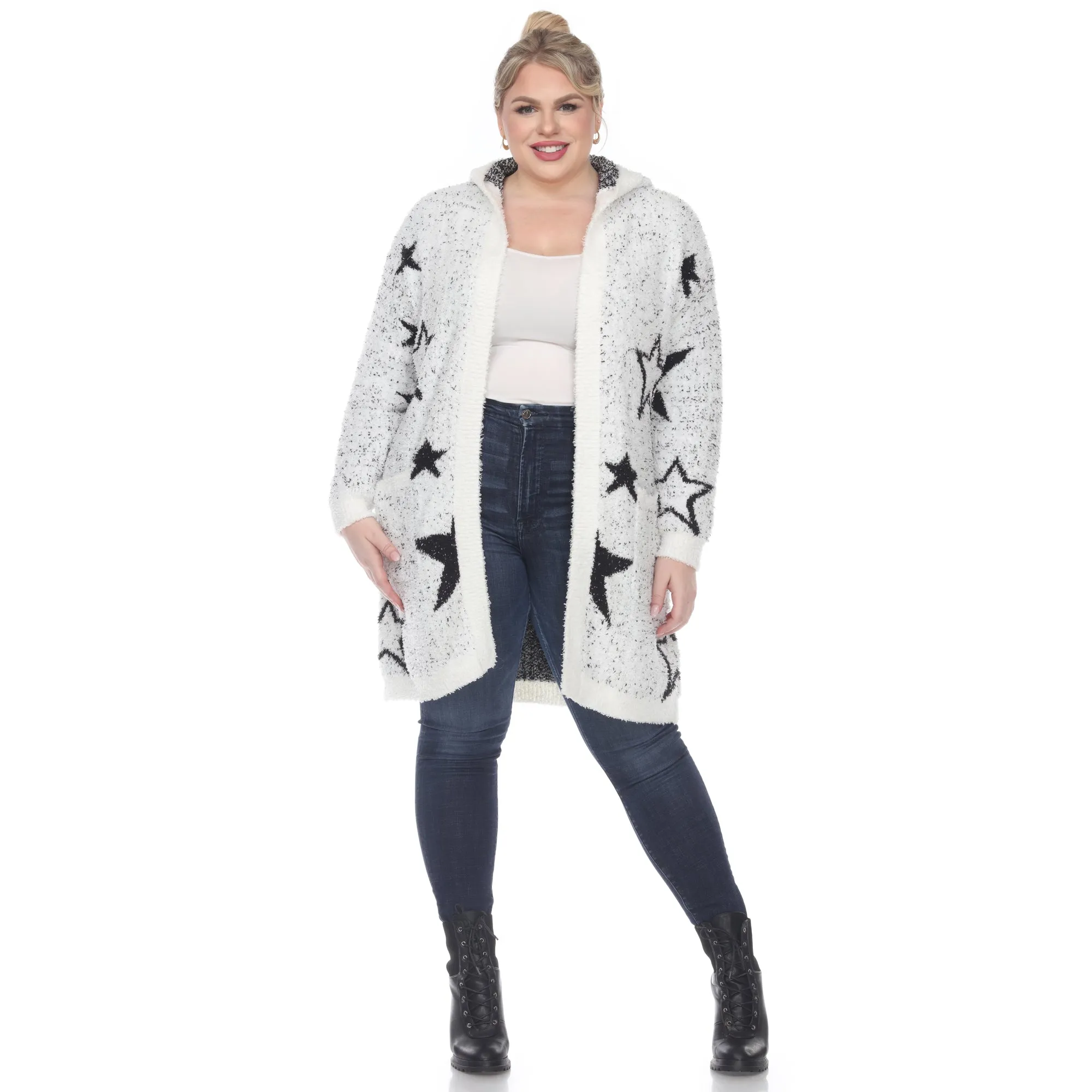 Women's Plus Hooded Open Front Sherpa Coat sold by White Mark