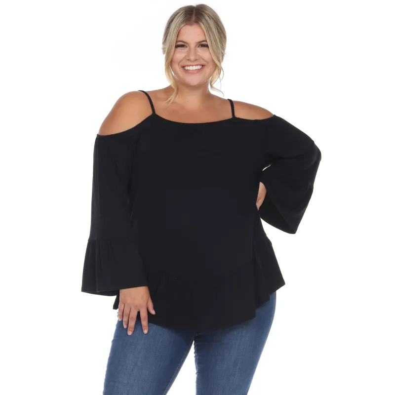 Women's Plus Size Cold Shoulder Ruffle Sleeve Top made by White Mark