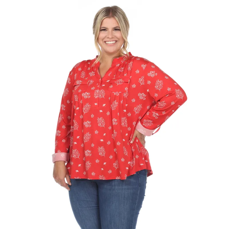 Women's Plus Size Pleated Long Sleeve Leaf Print Blouse sold by White Mark