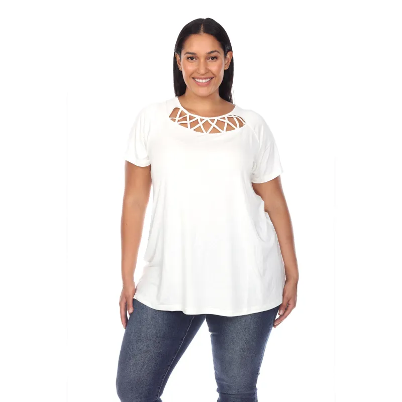 Women's Plus Size Crisscross Cutout Short Sleeve Top made by White Mark