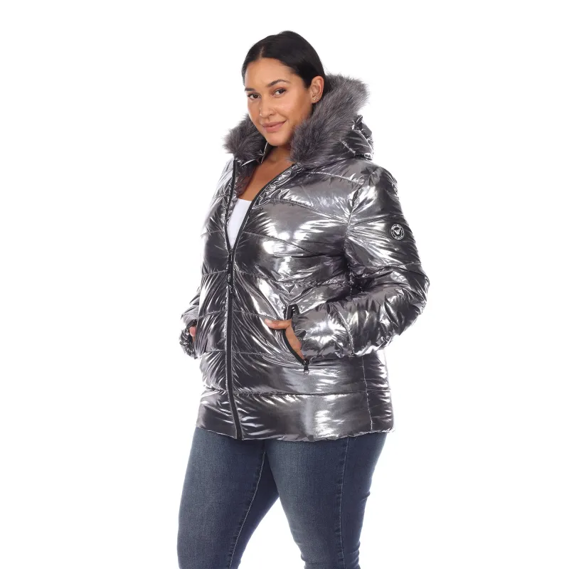 Women's Plus Size Metallic Puffer Coat with Hoodie sold by White Mark