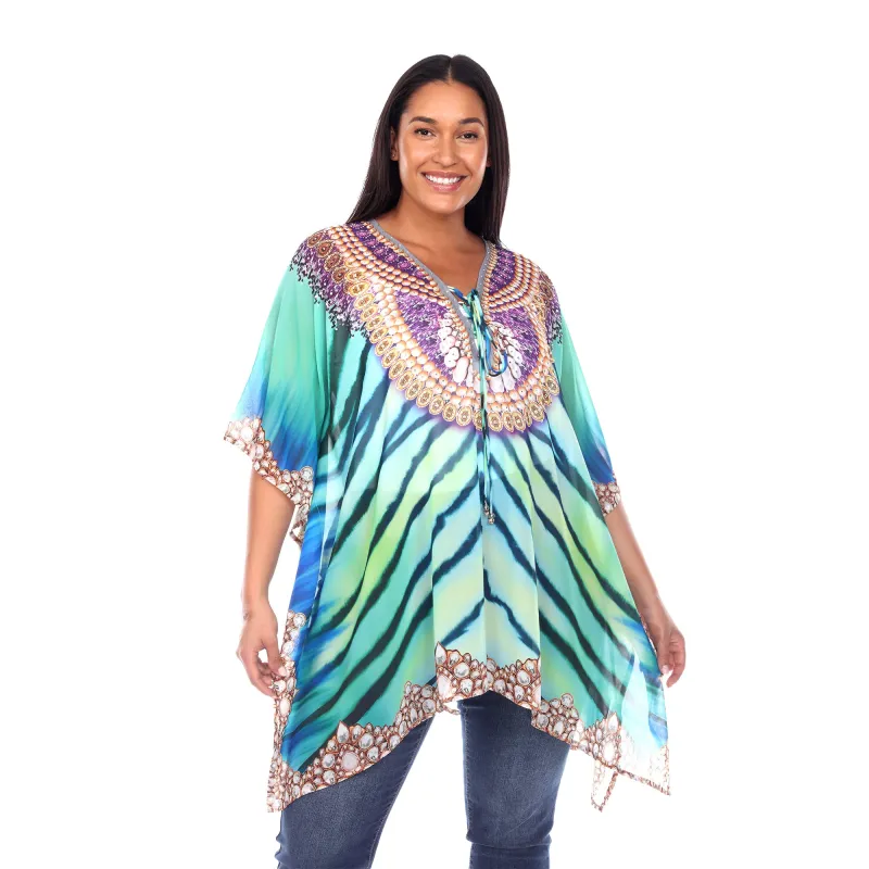 Women's Plus Size Short Caftan with Tie-up Neckline made by White Mark