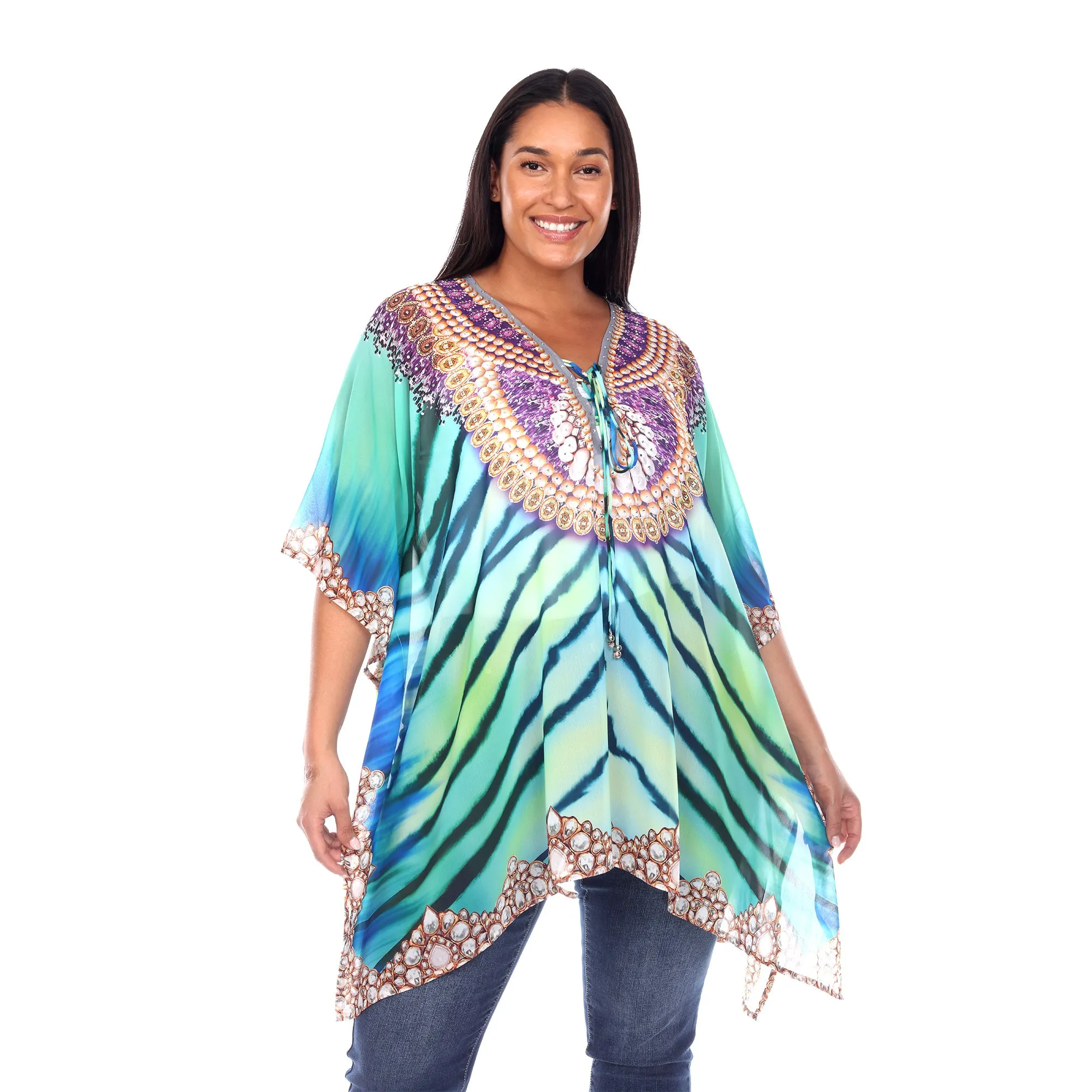 Women's Plus Size Short Caftan with Tie-up Neckline sold by White Mark
