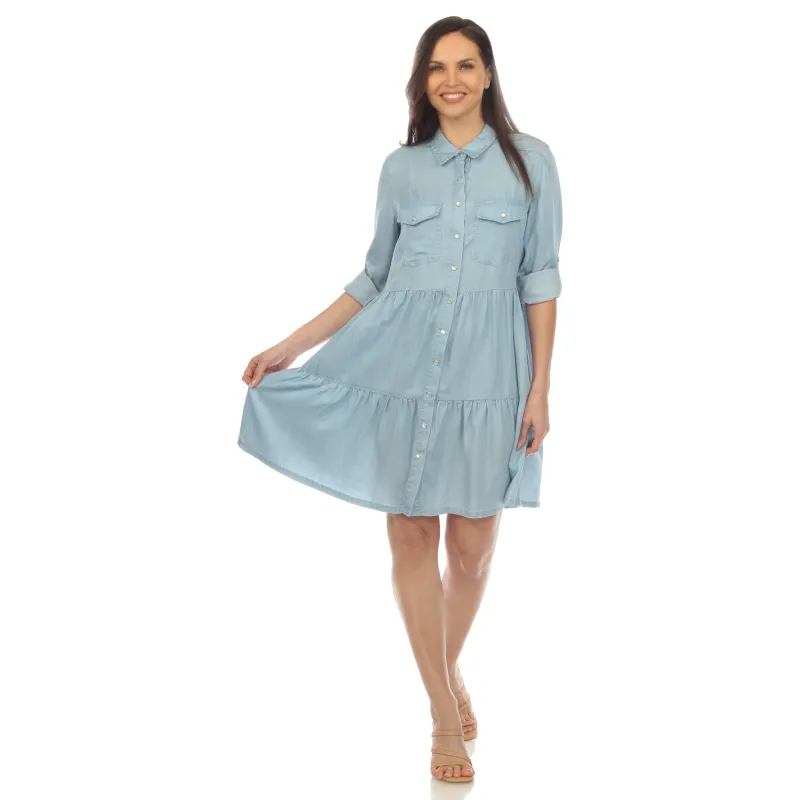 Women's Long Sleeve Tiered Midi Shirt Dress sold by White Mark