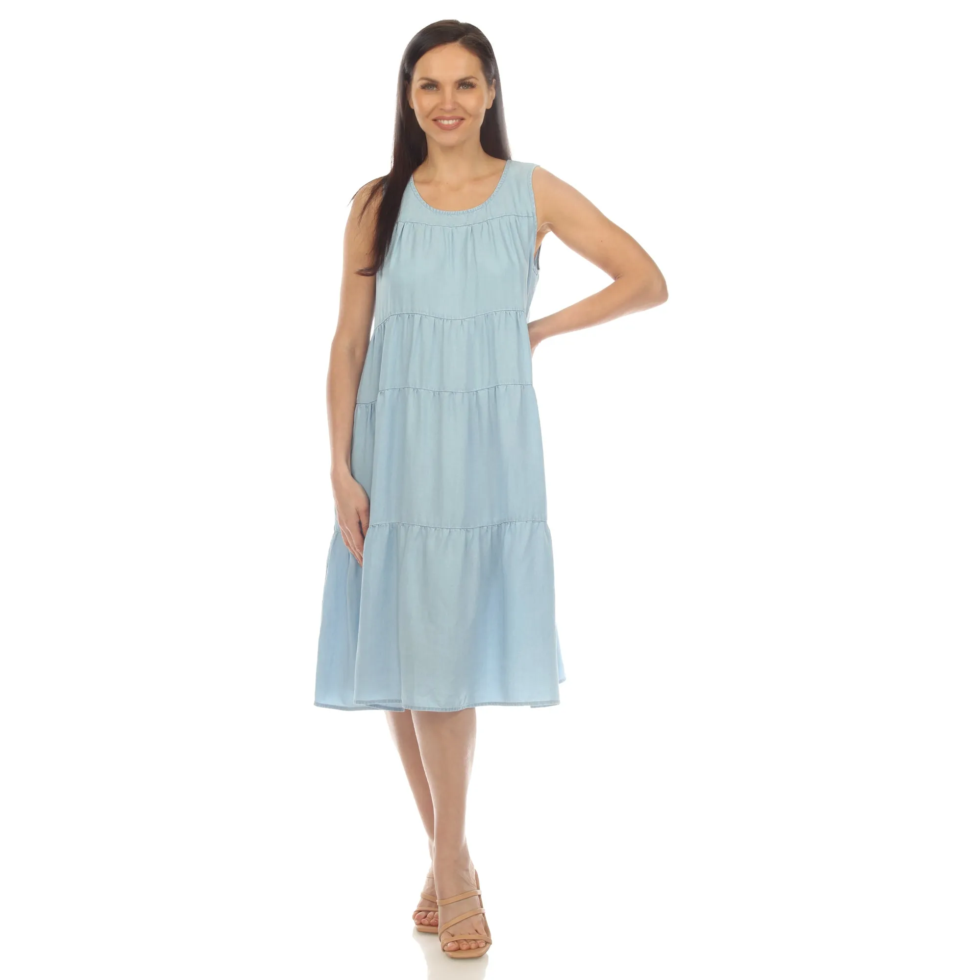 Women's Sleeveless Tiered Chambray Midi Dress sold by White Mark