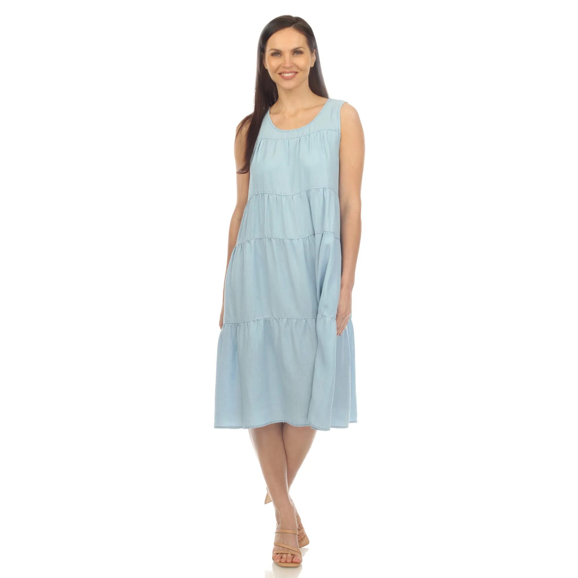 Women's Sleeveless Tiered Chambray Midi Dress sold by White Mark product image thumbnail 5