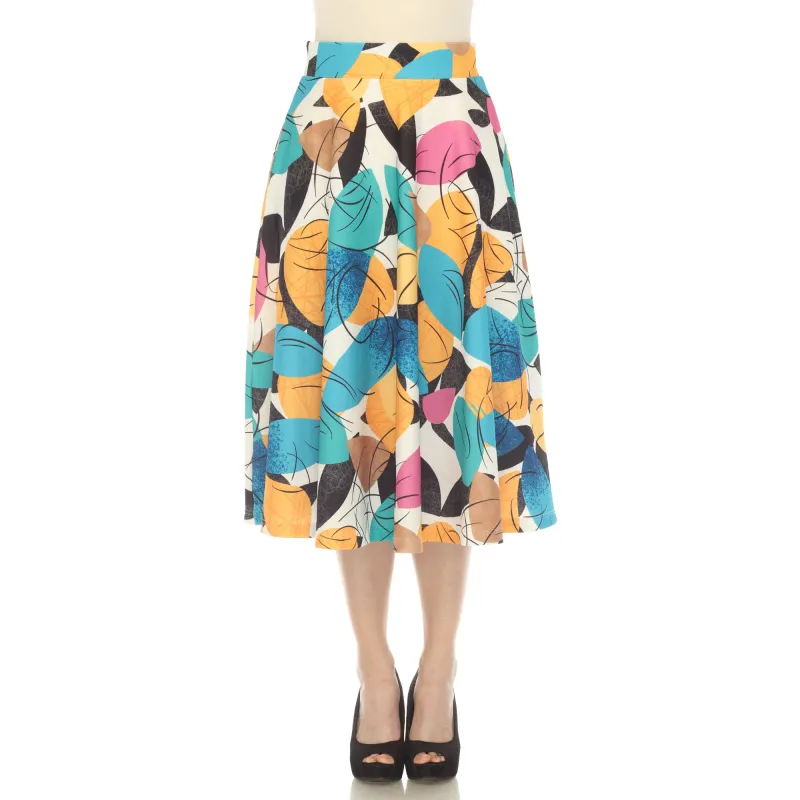 Women's Leaf Print Vintage Flared Midi Skirt sold by White Mark