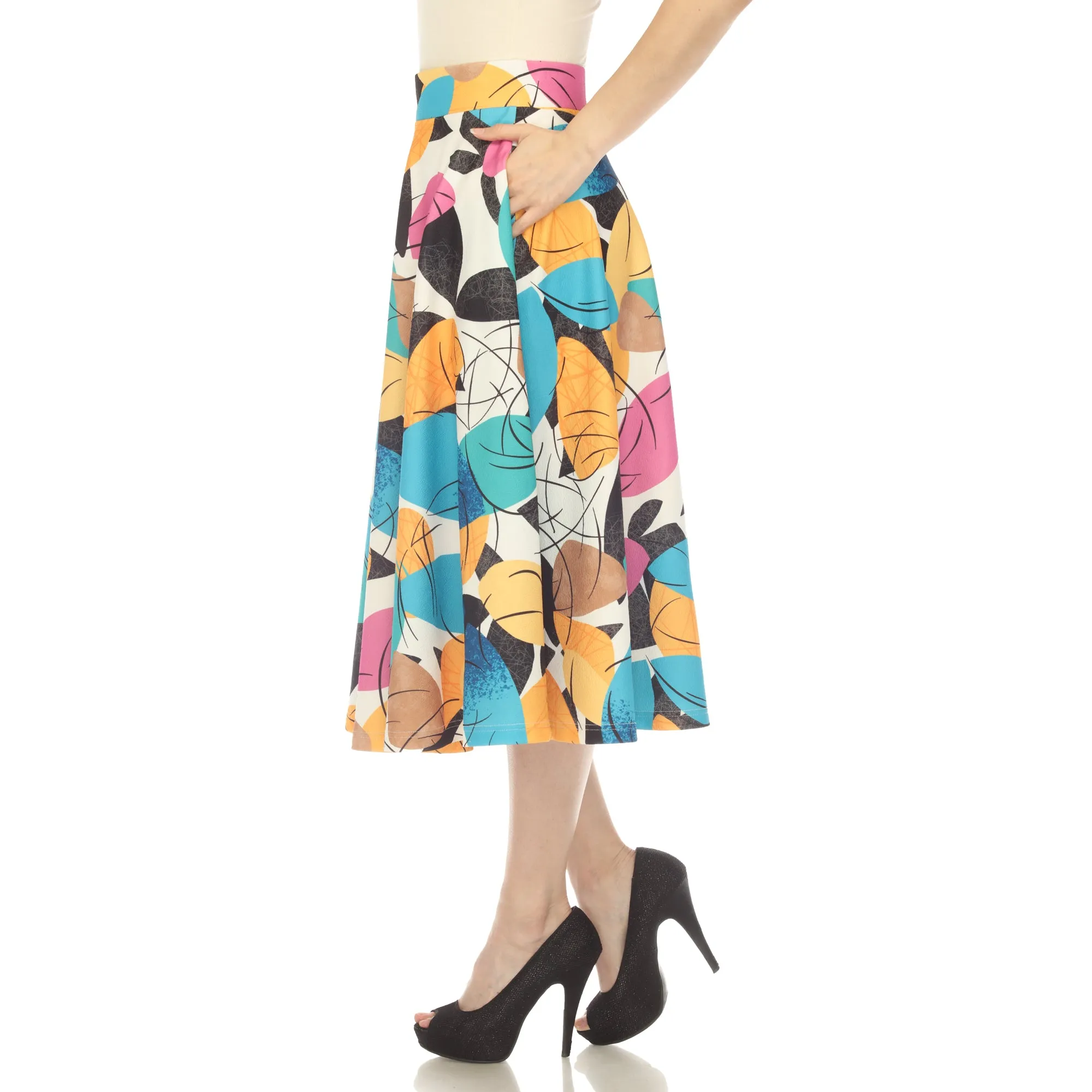 Women's Leaf Print Vintage Flared Midi Skirt sold by White Mark product image thumbnail 2