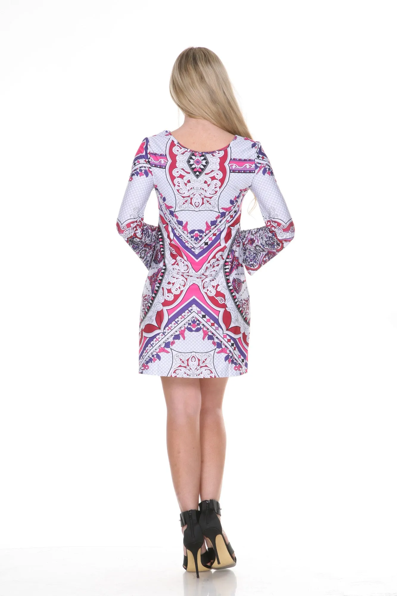 Women's Printed Shift Dress with Scoop Neck and Long Bell Sleeves sold by White Mark product image thumbnail 2