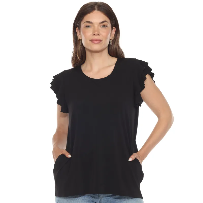 Women's Ruffle Sleeve Solid Top sold by White Mark