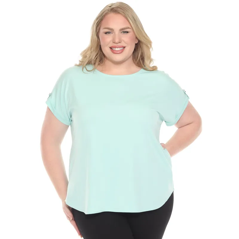 Plus Size Folded Short Sleeve Solid Top made by White Mark