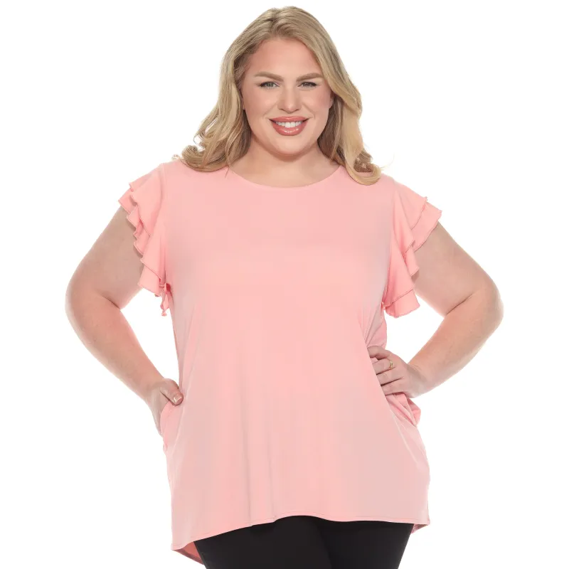 Plus Size Ruffled Sleeve Solid Top sold by White Mark