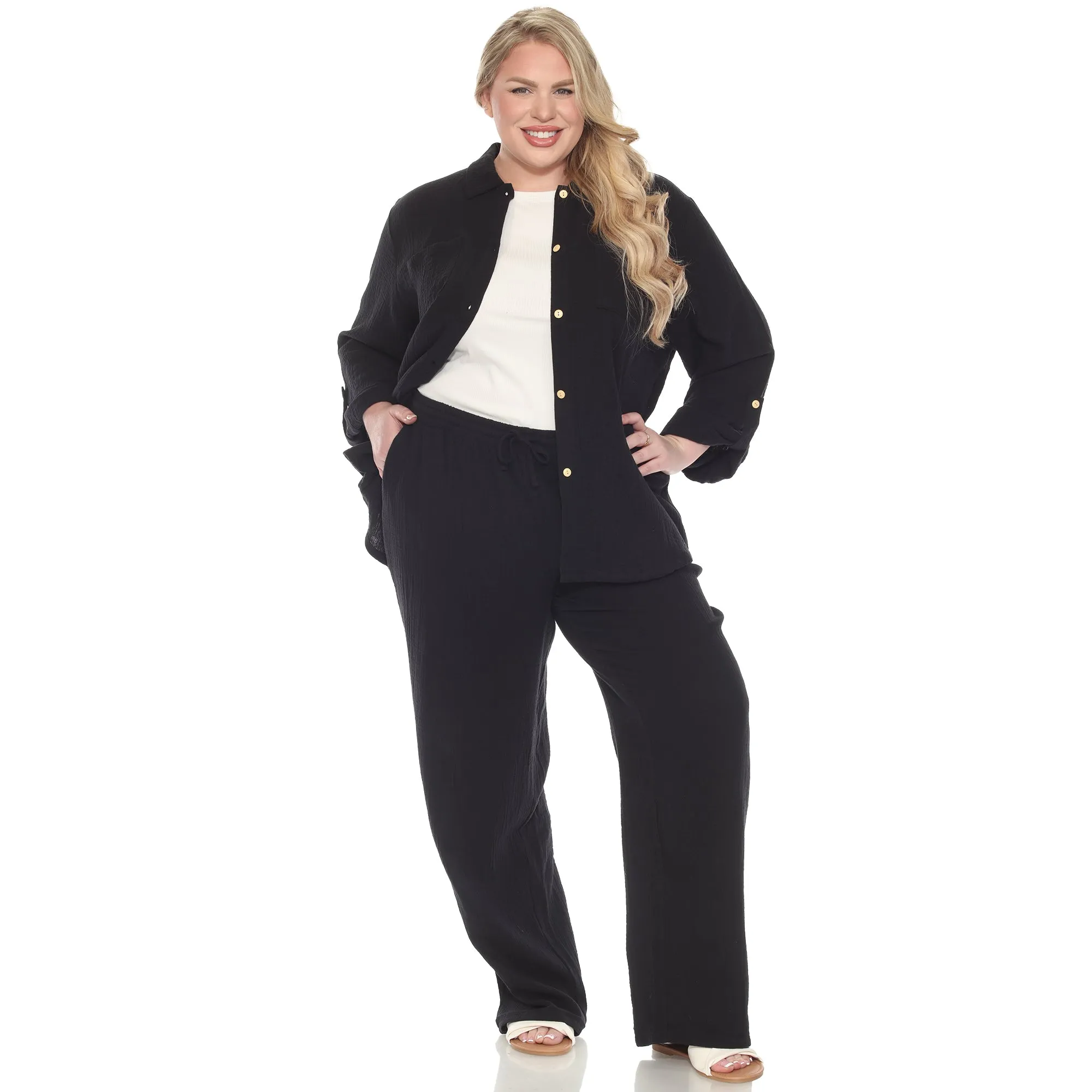 Plus Size Long Sleeve Button Down Cotton Gauze Set sold by White Mark
