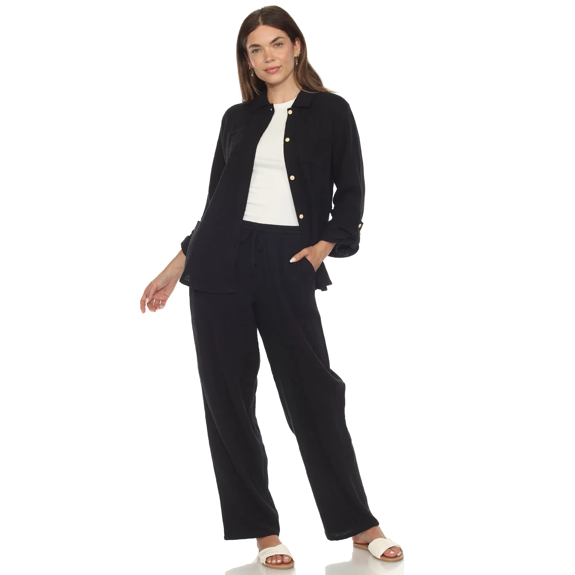 Women's Long Sleeve Button Down Cotton Gauze Set sold by White Mark product image thumbnail 2