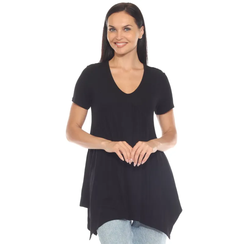 Women's Short Sleeve Shirred Front Knit Tunic Top with Pockets sold by White Mark