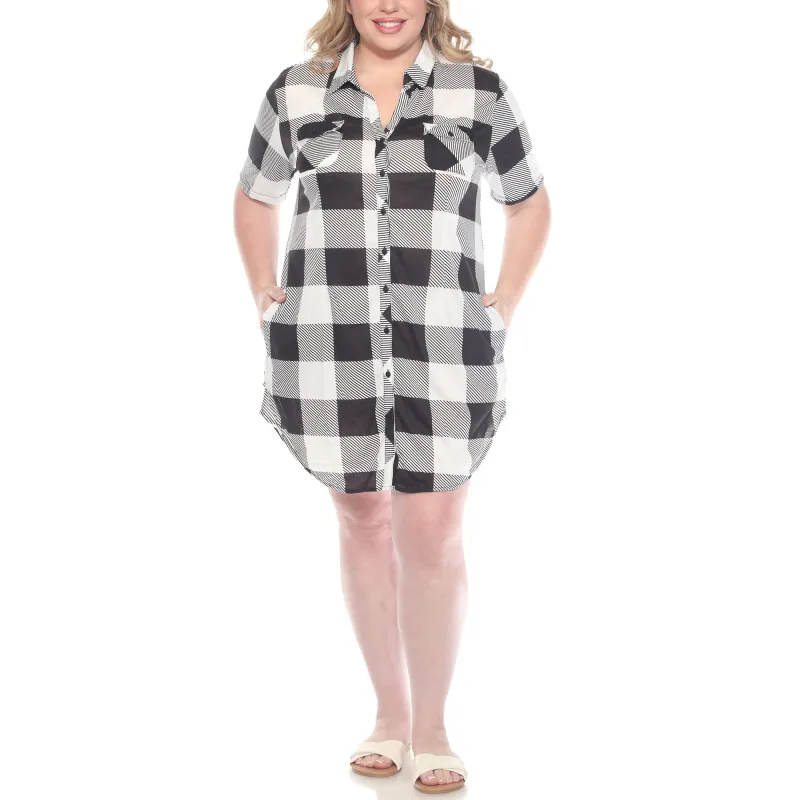 Plus Size Short Sleeve Plaid Button-Down Shirt Dress sold by White Mark