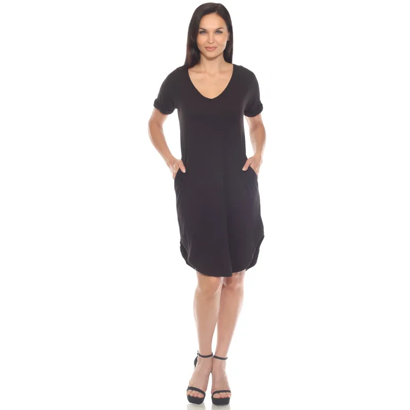 Women's V-Neck Knee-Length Dress with Folded Sleeves and Pockets sold by White Mark