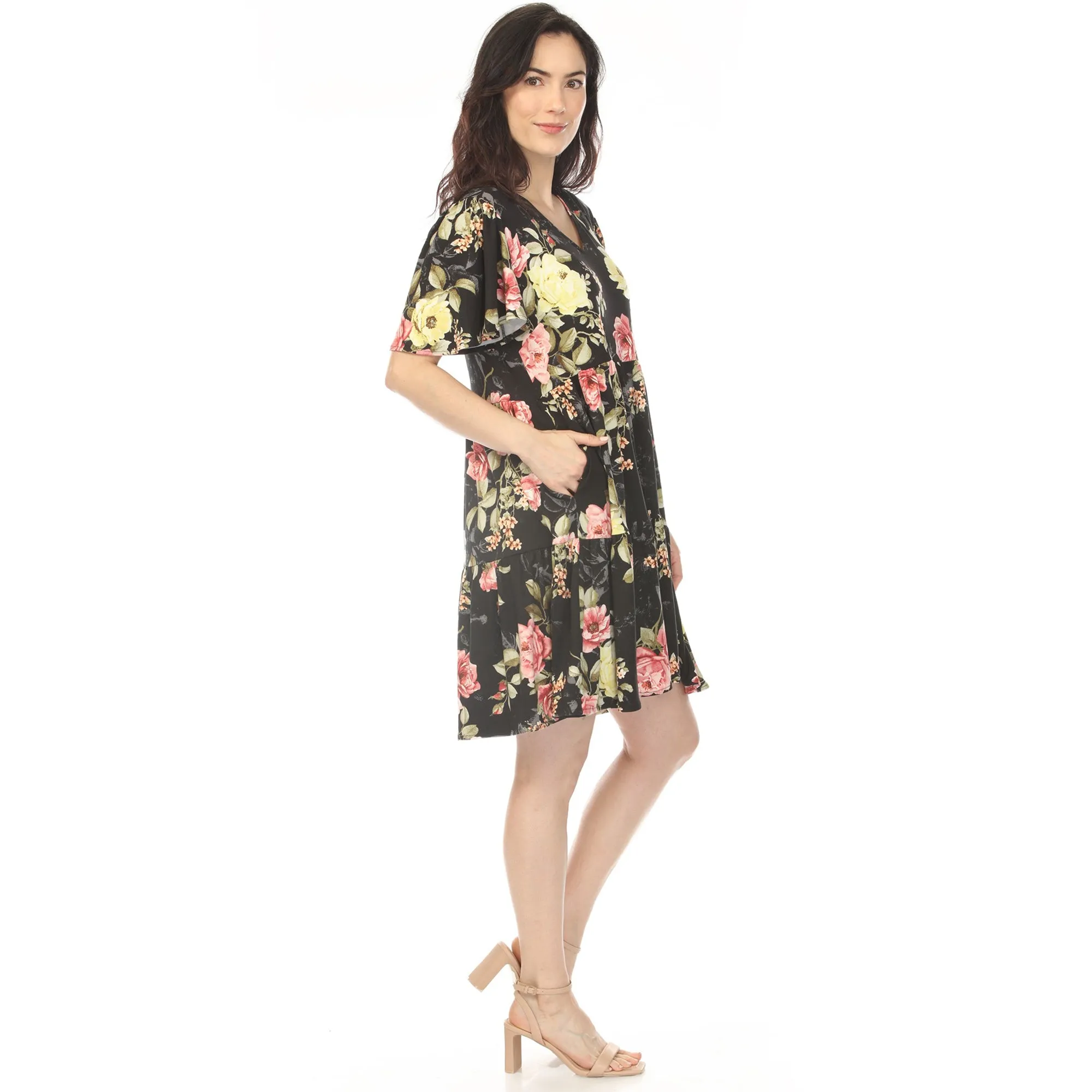 Women's V-Neck Tropical Flower Short Sleeve Dress sold by White Mark product image thumbnail 3