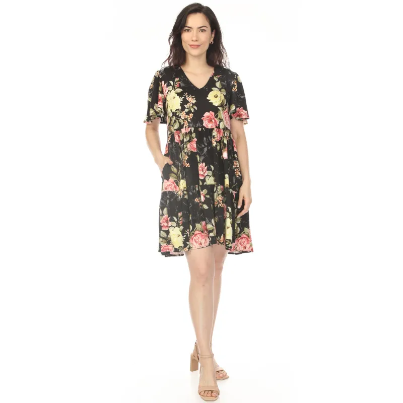 Women's V-Neck Tropical Flower Short Sleeve Dress made by White Mark