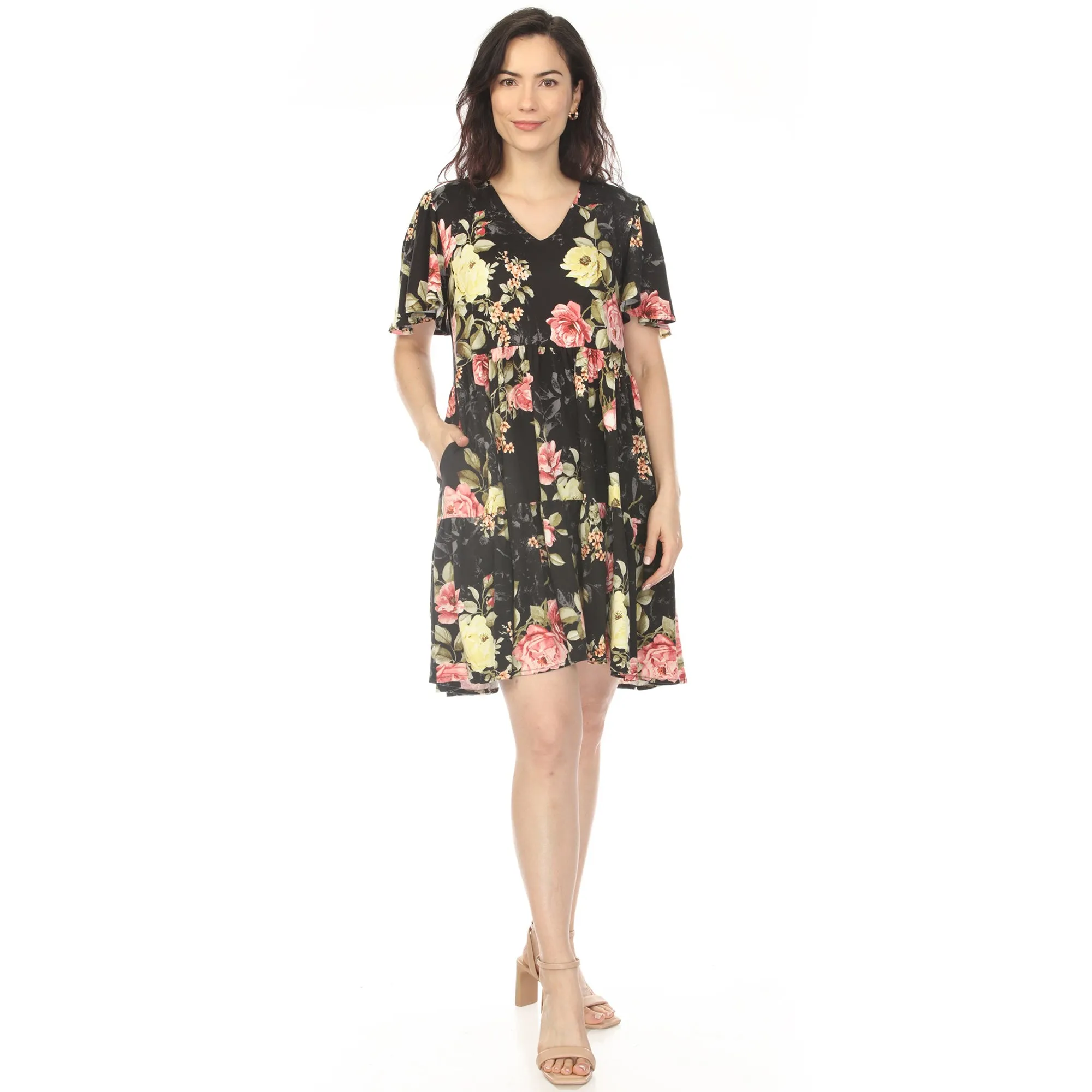 Women's V-Neck Tropical Flower Short Sleeve Dress sold by White Mark