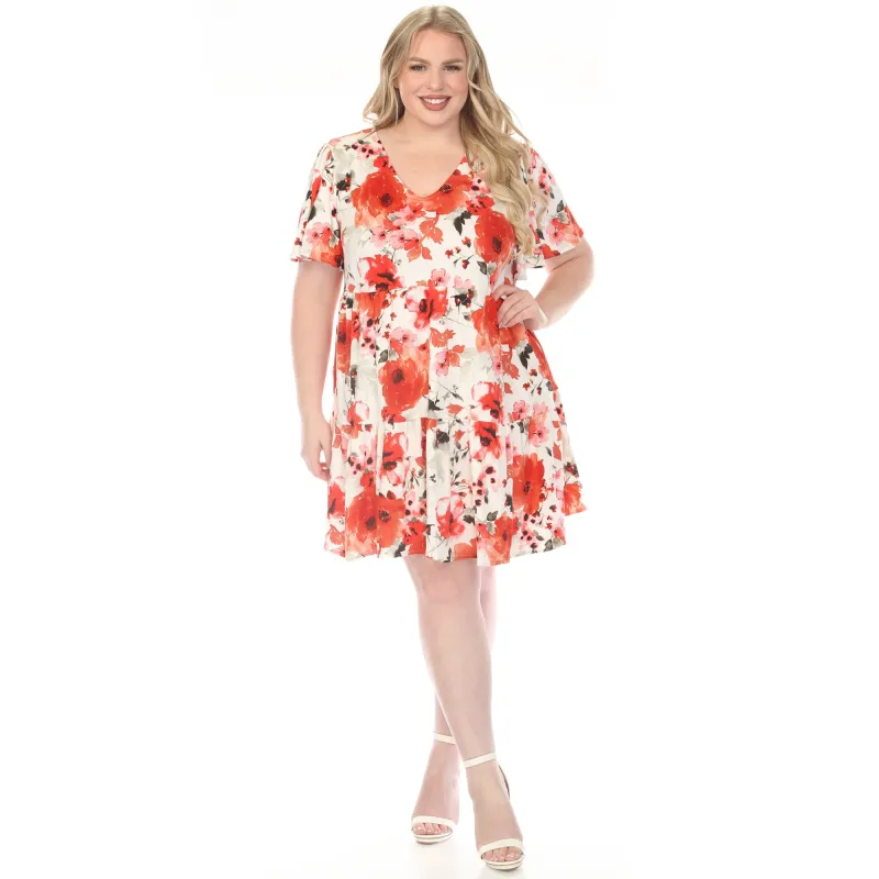 Plus Size V-Neck Vintage Floral Short Sleeve Dress made by White Mark