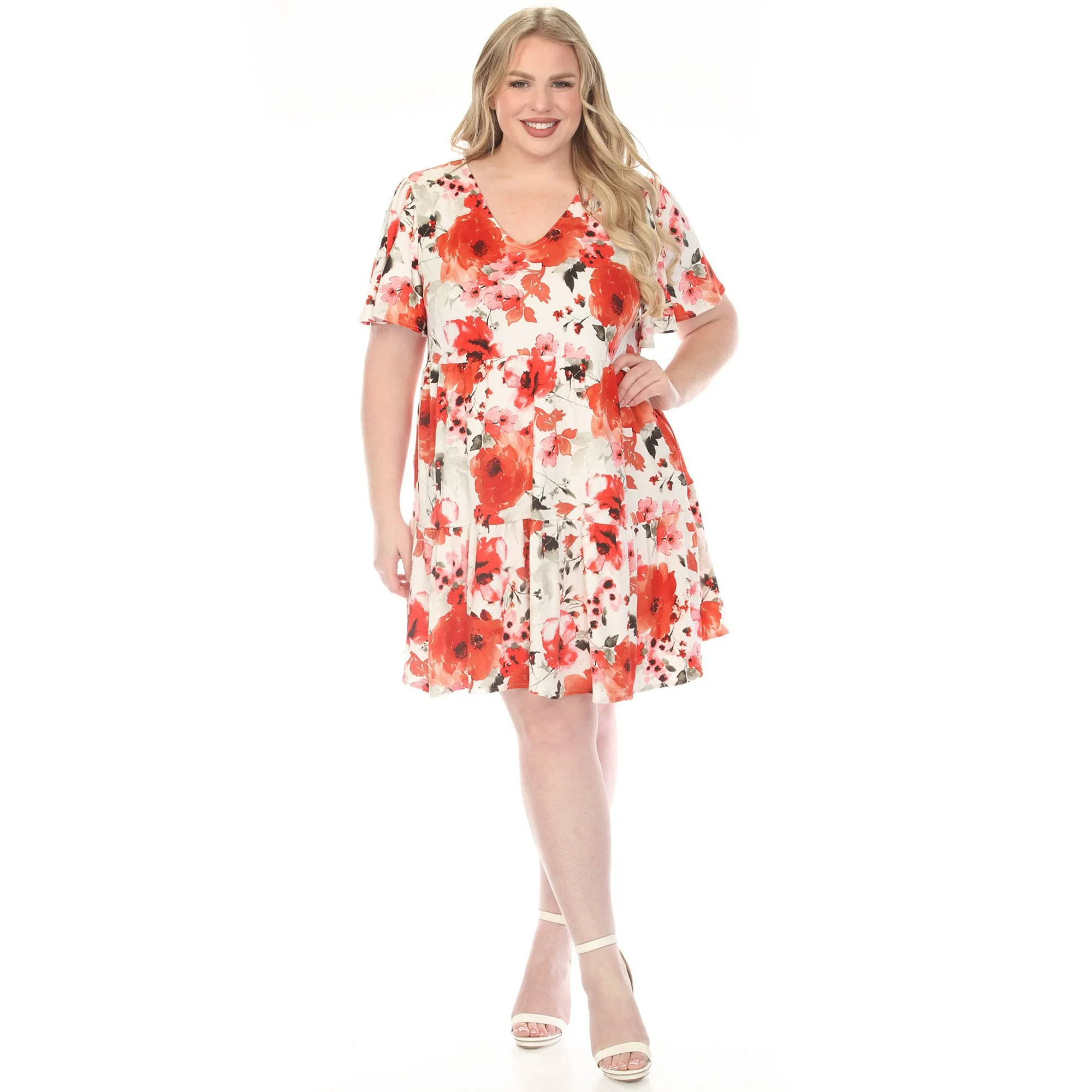 Plus Size V-Neck Vintage Floral Short Sleeve Dress sold by White Mark