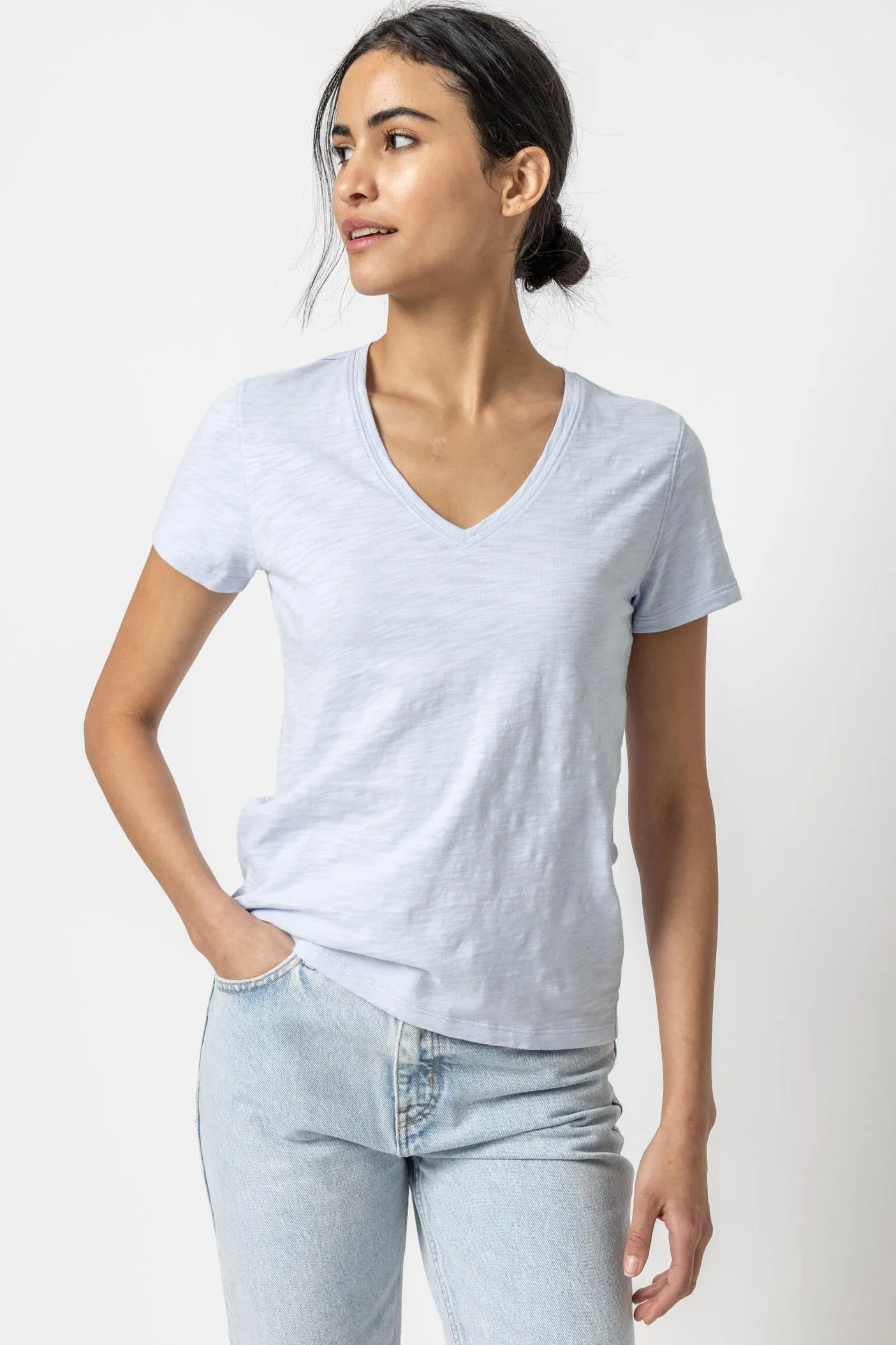 V-NECK SHORT SLEEVE BACK SEAM TEE sold by Wildflower