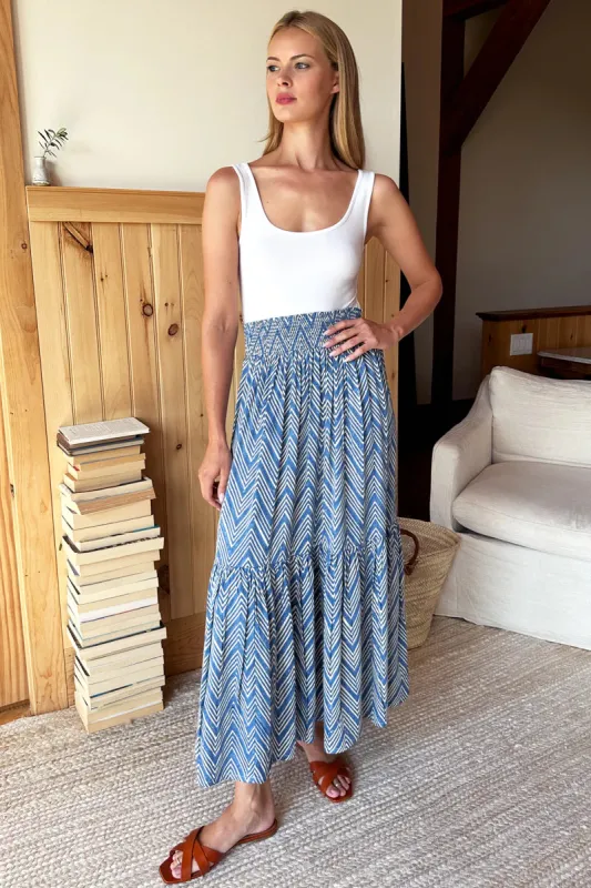 SHIRRED SKIRT - INDIGO HERRINGBONE sold by Wildflower