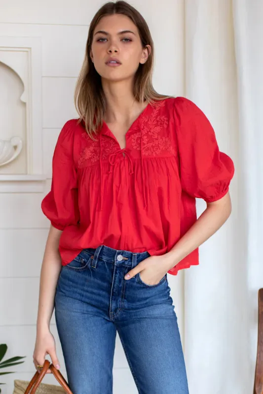 EMBROIDERED PUFF ISLA TOP - GRENADINE sold by Wildflower