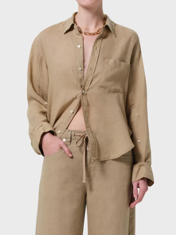 KAYLA SHRUNKEN LINEN SHIRT - GOBI (KHAKI) sold by Wildflower