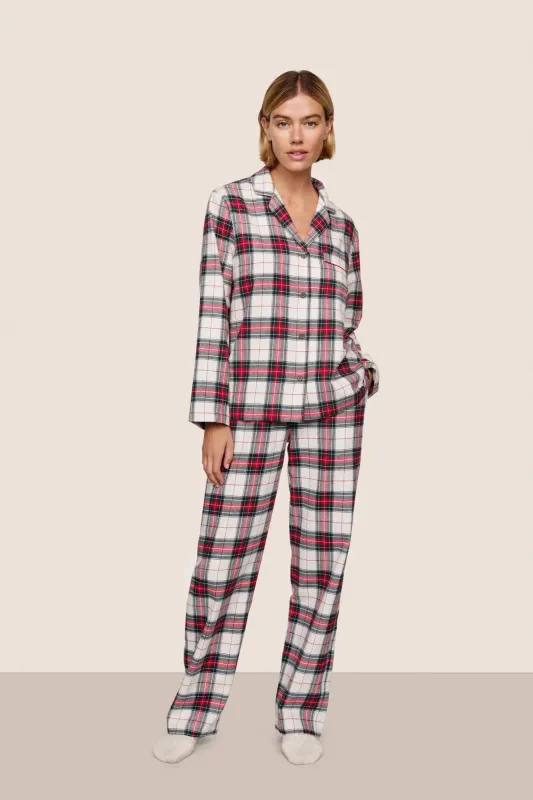 FLANNEL LONG PJ SET - TARTAN PLAID IVORY/HOLLY RED sold by Wildflower