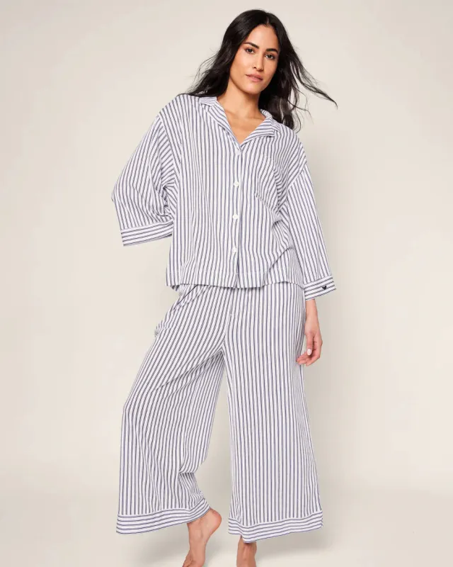 THE OLIVIA WIDE LEG PIMA PAJAMA SET - NAVY FRENCH TICKING made by Wildflower