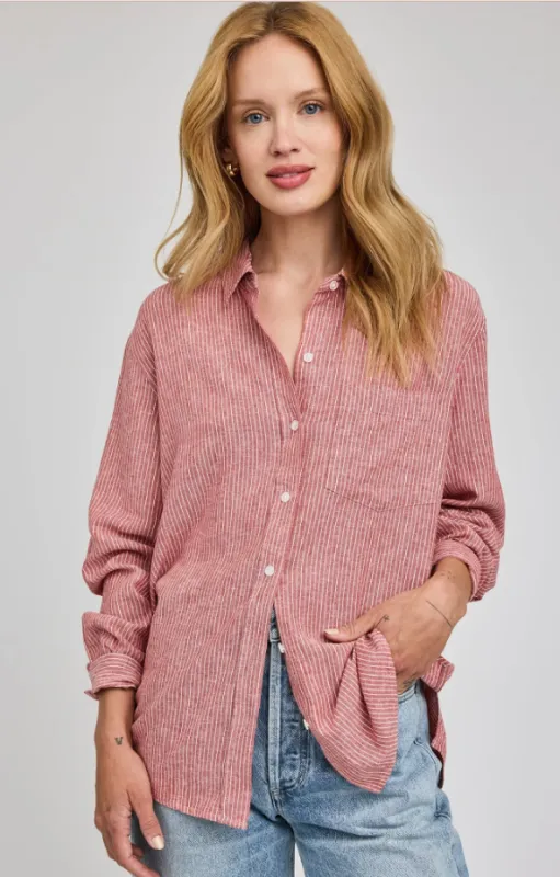 DOMINIQUE BUTTON DOWN SHIRT - GARNET STRIPE made by Gentle Fawn