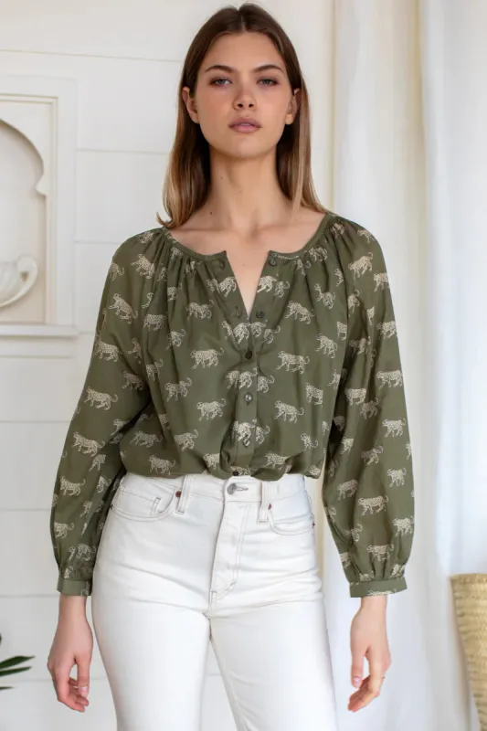 FRANCES BLOUSE - OLIVE CHEETAH sold by Wildflower