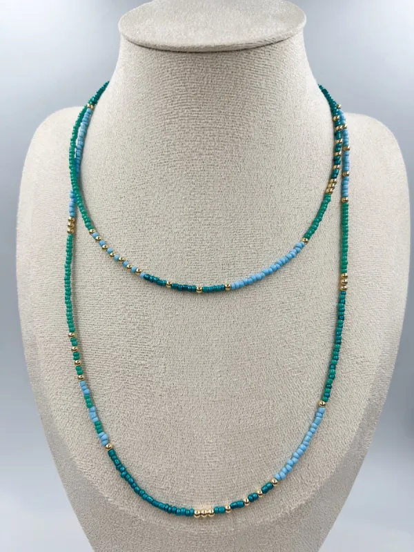 LONG SEED BEAD NECKLACE - BLUE AQUA sold by Wildflower
