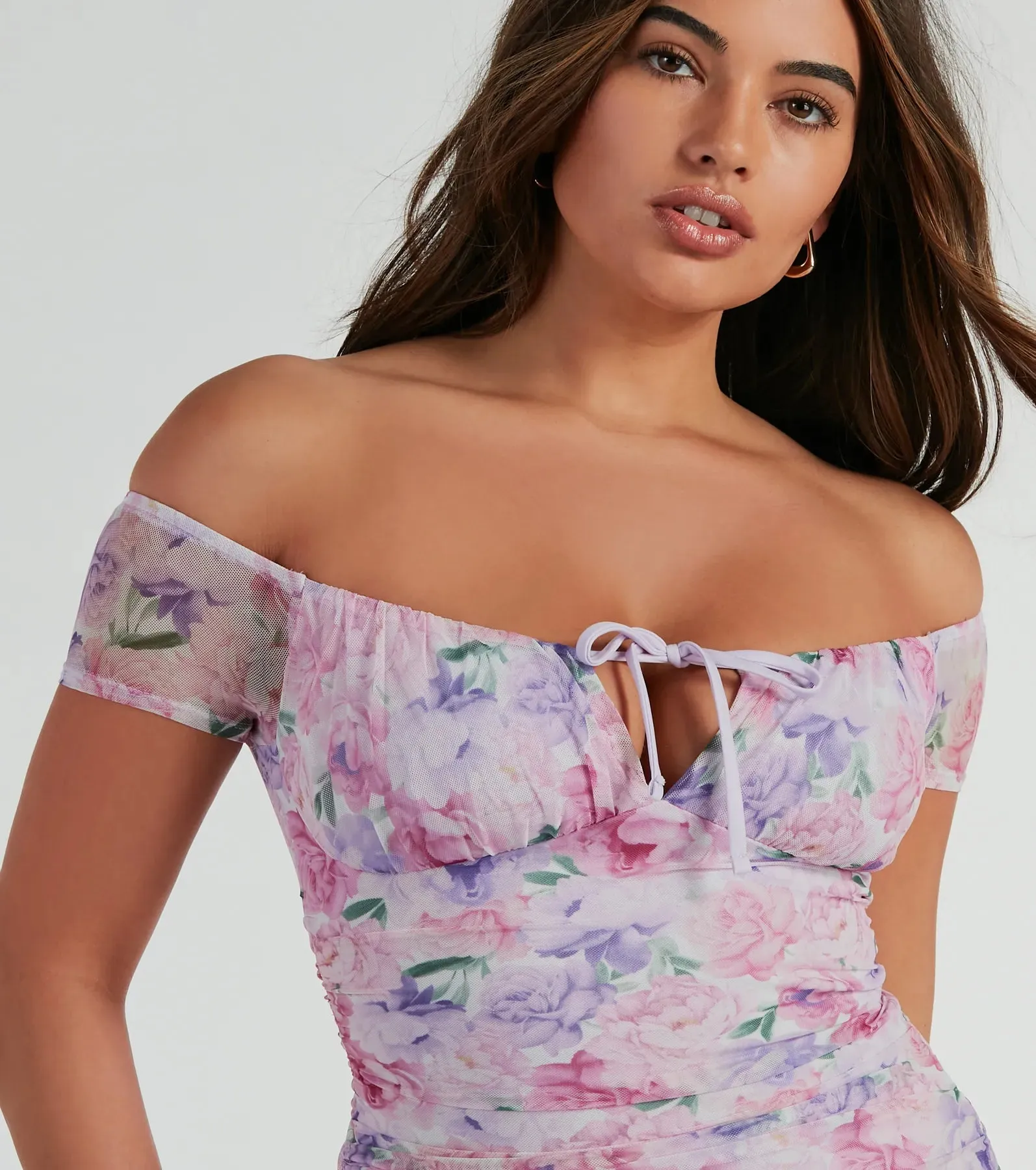 Sweet Charm Off-The-Shoulder Floral Mesh Mini Dress sold by Windsor product image thumbnail 4