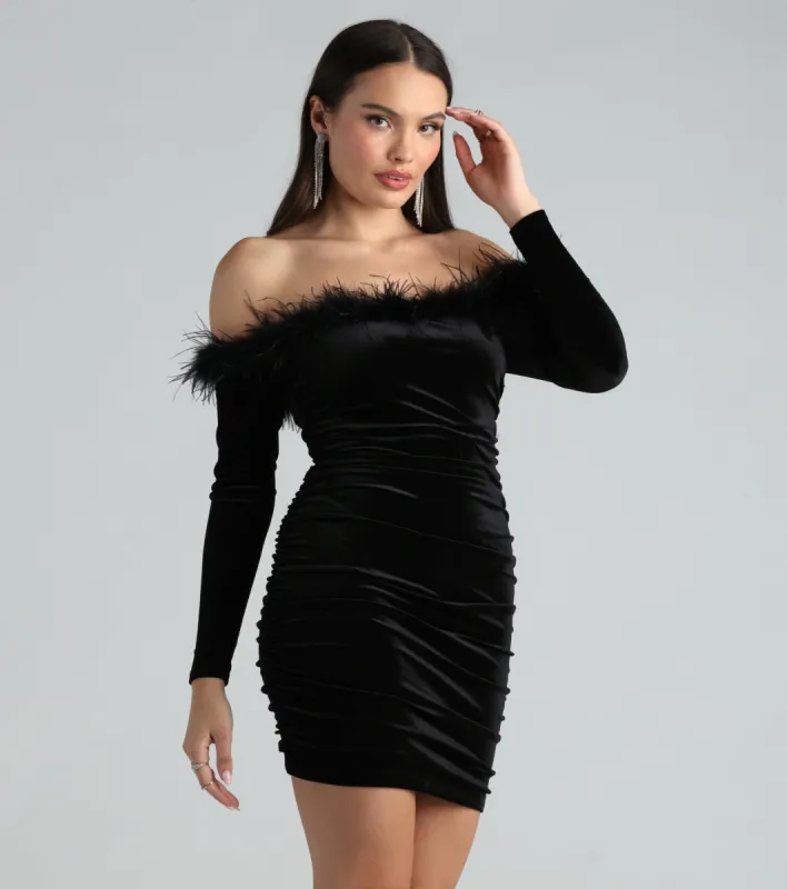 Jayla Velvet Marabou Off-The-Shoulder Mini Dress sold by Windsor